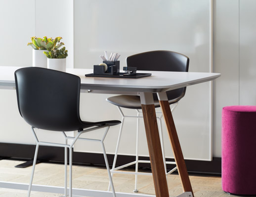 Rockwell Unscripted Tall Table counter table counter height Rustic Walnut Bright White laminate tapered edge Creative Wall sliding markerboard Upholstered Seat swivel stool Bertoia Molded Shell Barstool counterstool counter height shared spaces collaborat