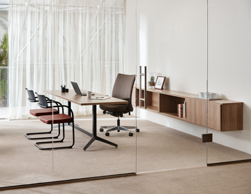 Knoll Essentials Anchor storage wall mounted Dividends Horizon Y-base table Remix High Back Remix chair Moment chair Krefeld lounge Krusin lounge chair Saarinen Knoll Extra Marc Krusin Multi Use private office refined focus