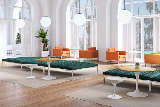 Saarinen Lounge Height Table with wooden top and white rilsan base